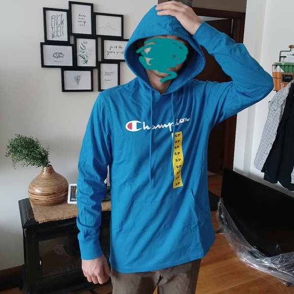🆕️ NWT Champion Logo Blue Hooded Long Sleeve T-Shirt - Picture 2 of 11